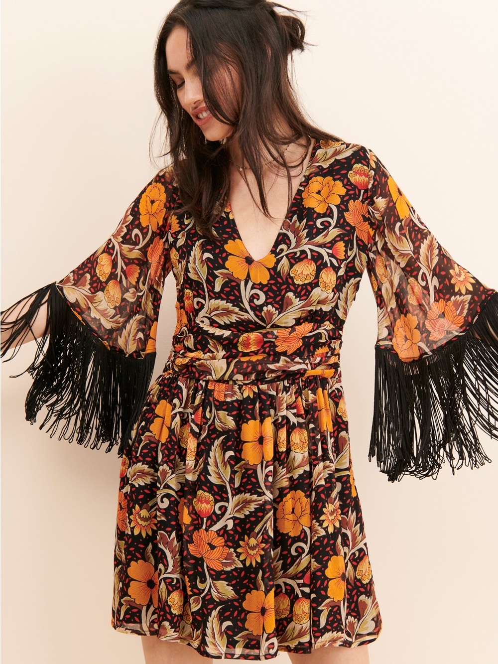 VERB Boho Floral V-Neck Dress with Fringe Sleeves
